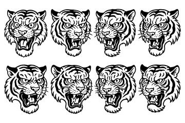 Fototapeta premium Set of fierce tiger heads in monochrome style for tattoo and design inspiration