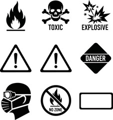 Collection of Danger Warning Icons Flammable Toxic Explosive Danger Signs Personal Protective Equipment No Zone Sign