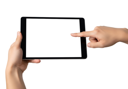 Human hands holding a modern black digital tablet with a blank white screen, a finger tapping the display, isolated on transparent background for technology mockups and app demonstrations.