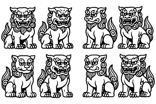 Traditional asian foo dogs in bold black and white line art style