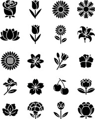 Collection of Diverse Black and White Flower Icons Set Botanical Vector Graphics Symbol Collection