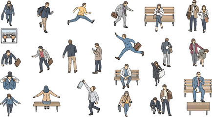 Collection of Diverse Business People in Various Poses and Activities, Modern Flat Style Illustration