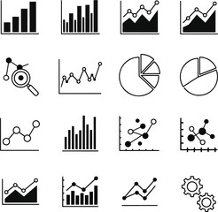 Collection of Diverse Business and Data Analysis Charts Icons Including Bar Graphs Line Charts Pie Charts Magnifying Glass and Gears