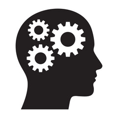 Black silhouette of a human head with three white gears visible inside, symbolizing mental processes, thinking, intelligence, business strategy, problem-solving, and logic.