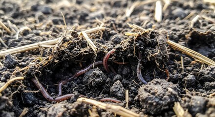 Close-up of earthworms enriching dark, fertile soil, vital for natural aeration, organic decomposition, and fostering healthy ecosystems in sustainable agriculture