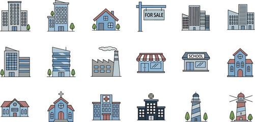Collection of Diverse Building Icons and Illustrations Including Houses Offices Factories Schools Churches Lighthouses and More