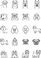 Collection of Diverse Dog Breeds Illustrated in a Clean Line Art Style Set Against a White Background