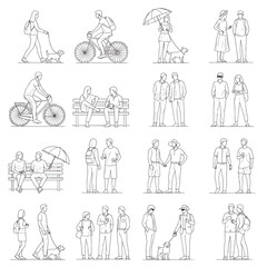 Collection of diverse people enjoying outdoor activities and social interactions in various casual settings, vector illustration