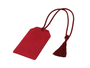 Red luggage tag with textured surface and decorative tassel, isolated on transparency background, travel accessory for suitcase or bag identification, elegant and stylish design