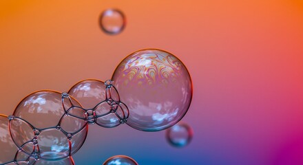 Intricate network of translucent soap bubbles, reflecting ambient light and colors, floats against a warm, soft gradient background