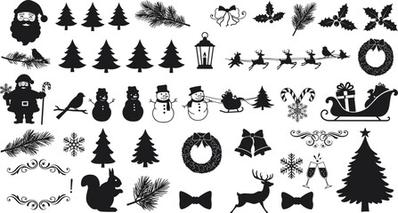 Christmas silhouette icons, Santa Claus, reindeer sleigh, snowman, Christmas tree, holiday decorations, winter elements, festive design, vector illustration, black © Mst