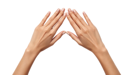 Female hands forming a precise triangular shape with fingers isolated on white background