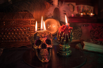Mystical skull with burning heart, ritual and spiritual magic concept
