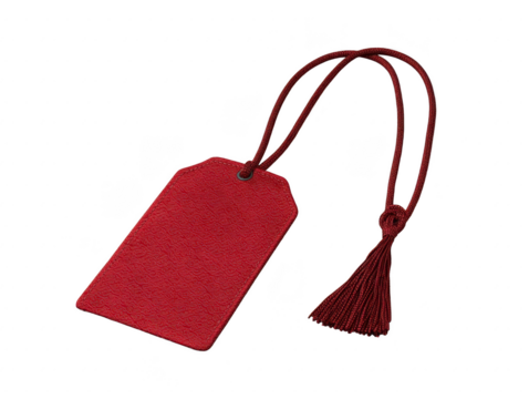 Red luggage tag with textured surface and decorative tassel, isolated on transparency background, travel accessory for suitcase or bag identification, elegant and stylish design