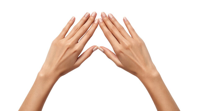 Female hands forming a precise triangular shape with fingers isolated on white background