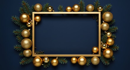 A festive golden christmas frame adorned with baubles and pine branches on a dark blue background, perfect for holiday greetings