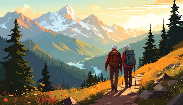 Elderly couple hiking in a vibrant mountain landscape. Senior couple trekking along a scenic mountain trail. Active senior couple enjoying the mountain outdoors - Powered by Adobe
