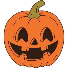A cartoon orange Halloween pumpkin with a carved face and a green stem on a transparent background
