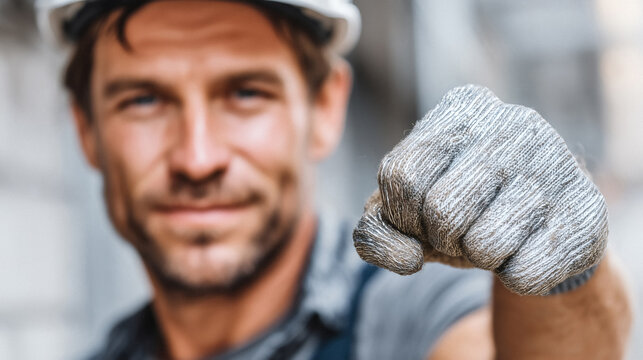 Confident construction worker in hard hat extends gloved hand forward inviting collaboration and action