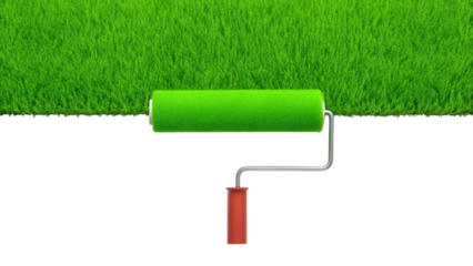 Green paint roller applying fresh grass texture. nature theme. isolated on white background