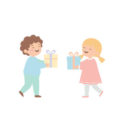Two Happy Cartoon Children Boy and Girl Exchanging Gifts With Smiling Faces Minimalist Flat Design Style Illustration.
