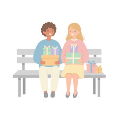 Two happy people sitting on a park bench holding gift boxes with pastel colors and a clean white background