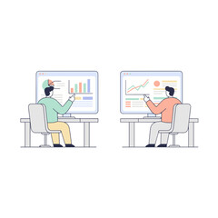 Two Marketing Specialists Analyze Data on Computer Screens Showing Graphs and Charts in a Modern Office Setting with Flat Design Illustration