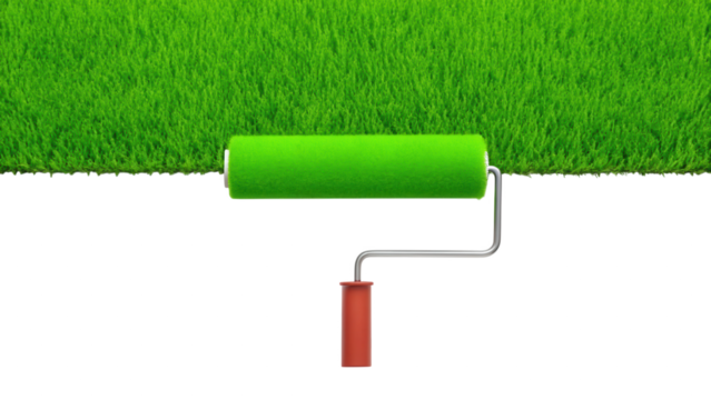 Green paint roller applying fresh grass texture. nature theme. isolated on white background