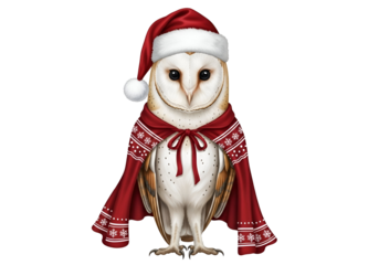 Charming Barn Owl Wearing a Festive Red Santa Hat and Snowflake Patterned Shawl, Adorable Holiday Animal Digital Art isolated on transparent background.