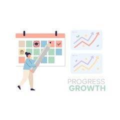 Strategist Planning Calendar With Progress Charts And Growth Arrows And A Woman Holding A Large Pencil Representing Business Strategy And Development