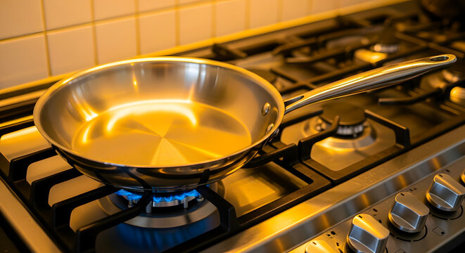 Stainless steel frying pan heating up on a gas stove with a blue flame