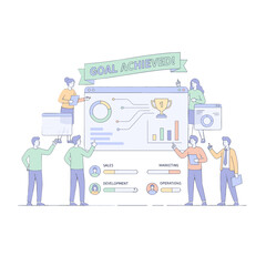 Team of Analysts Collaborating on Weekly KPI Reviews Featuring Trend Graphs and Real-time Widgets with Goal Achieved Banner and Trophy Icon in Minimalist Flat Design Style