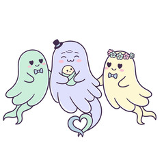 Three Cute Ghosts Family Portrait with Baby Holding Mom and Dad Wearing Formal Bow Ties and Flower Crown on Black Background
