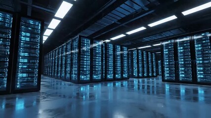 Dynamic data stream ignites vibrant server racks in futuristic data center, showcasing digital transformation and cloud innovation. - Powered by Adobe