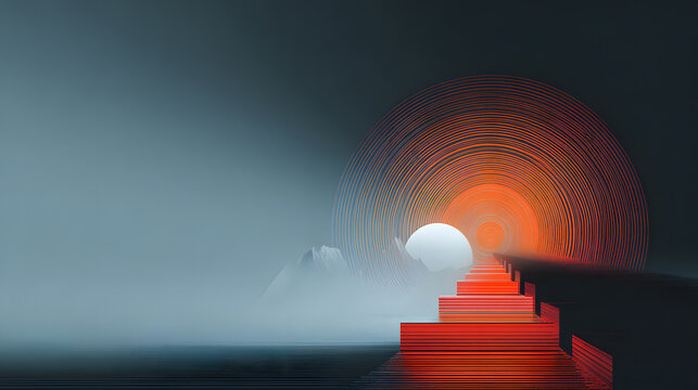 Futuristic Red Stairway Leading to a Glowing Tunnel in a Foggy Landscape