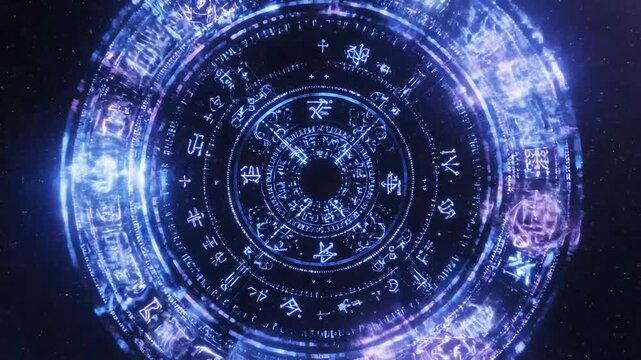Mysterious cosmic portal opens with glowing alien symbols against a starry nebula background, hinting at sci-fi adventure and otherworldly dimensions.