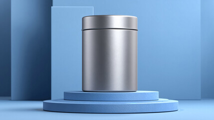 Sleek silver cylinder product mockup on minimalist blue display stages modern branding