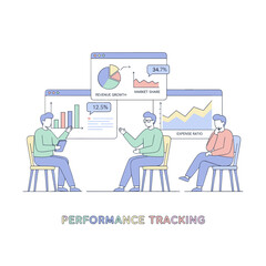 Three professionals in a meeting analyzing data charts and graphs on digital screens representing performance tracking and IT analytics in a minimalist abstract style illustration