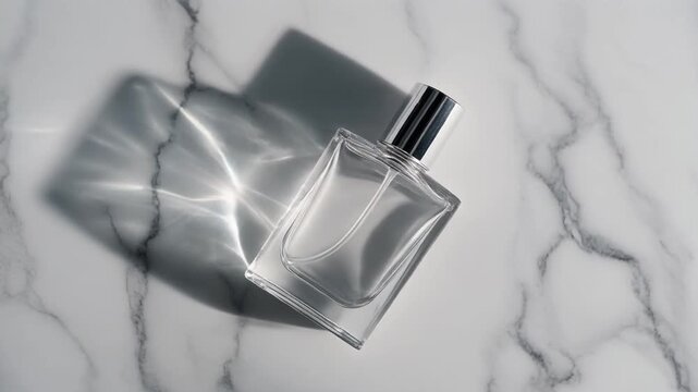 Elegant glass perfume bottle casting a beautiful refracted light shadow on a white marble surface