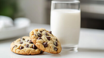 close up chocolate chip cookies with a refreshing glass of milk with copy space for National Cookie Day, Chocolate Chip Cookie Week, Cookie Exchange Day, Homemade Cookies Day