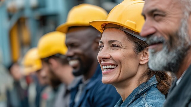 Diverse construction workers in yellow hard hats smiling - Powered by Adobe