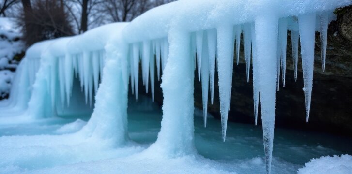 Frozen Waterfall Icicles A detailed shot of a frozen waterfall in winter. Sharp, elongated icicles hang dramatically from rock ledges, with intricate ice formations covering the surrounding surfaces.
