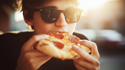 Young man enjoying delicious pizza on a sunny terrace with lens flare, wearing sunglasses and casual summer attire, with copy space available