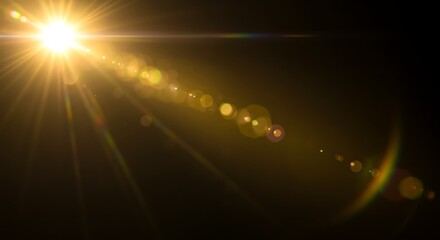 Bright sun lens flare effect with golden light rays and bokeh circles on a dark background