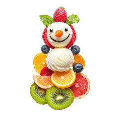Smiling snowman made of ice cream scoops and fruit slices ultra realistic on transparent background