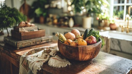 Wooden Bowl of Produce on Kitchen Counter