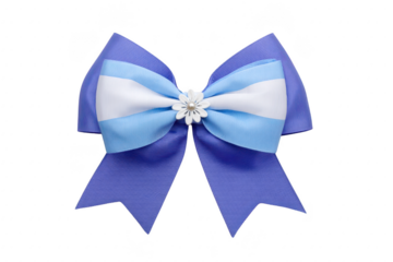 Blue ribbon bow with white and light blue stripes, decorated with white flower in center, isolated on transparent background, elegant and cheerful accessory for gift or hair decoration