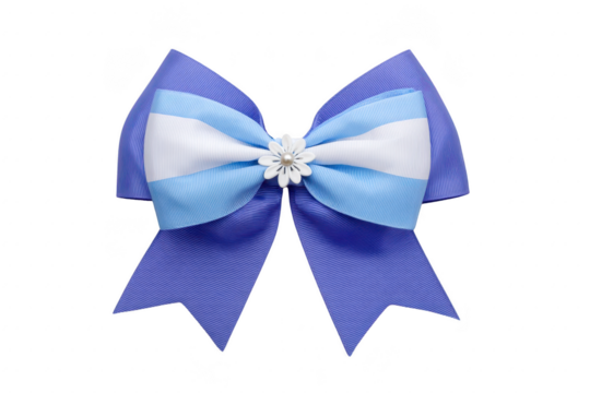 Blue ribbon bow with white and light blue stripes, decorated with white flower in center, isolated on transparent background, elegant and cheerful accessory for gift or hair decoration