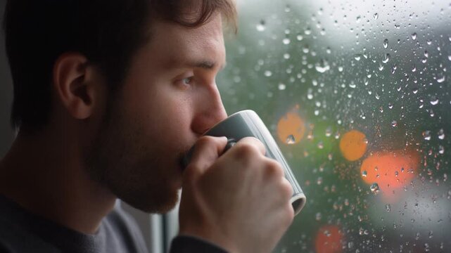 A man holding a mug of hot beverage while looking out of a rain-streaked window on a cloudy day
