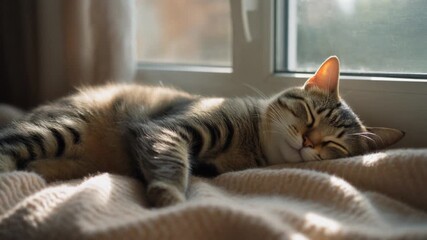 Adorable tabby kitten napping comfortably on a soft beige blanket, basking in the warm morning sunlight streaming through a window - Powered by Adobe